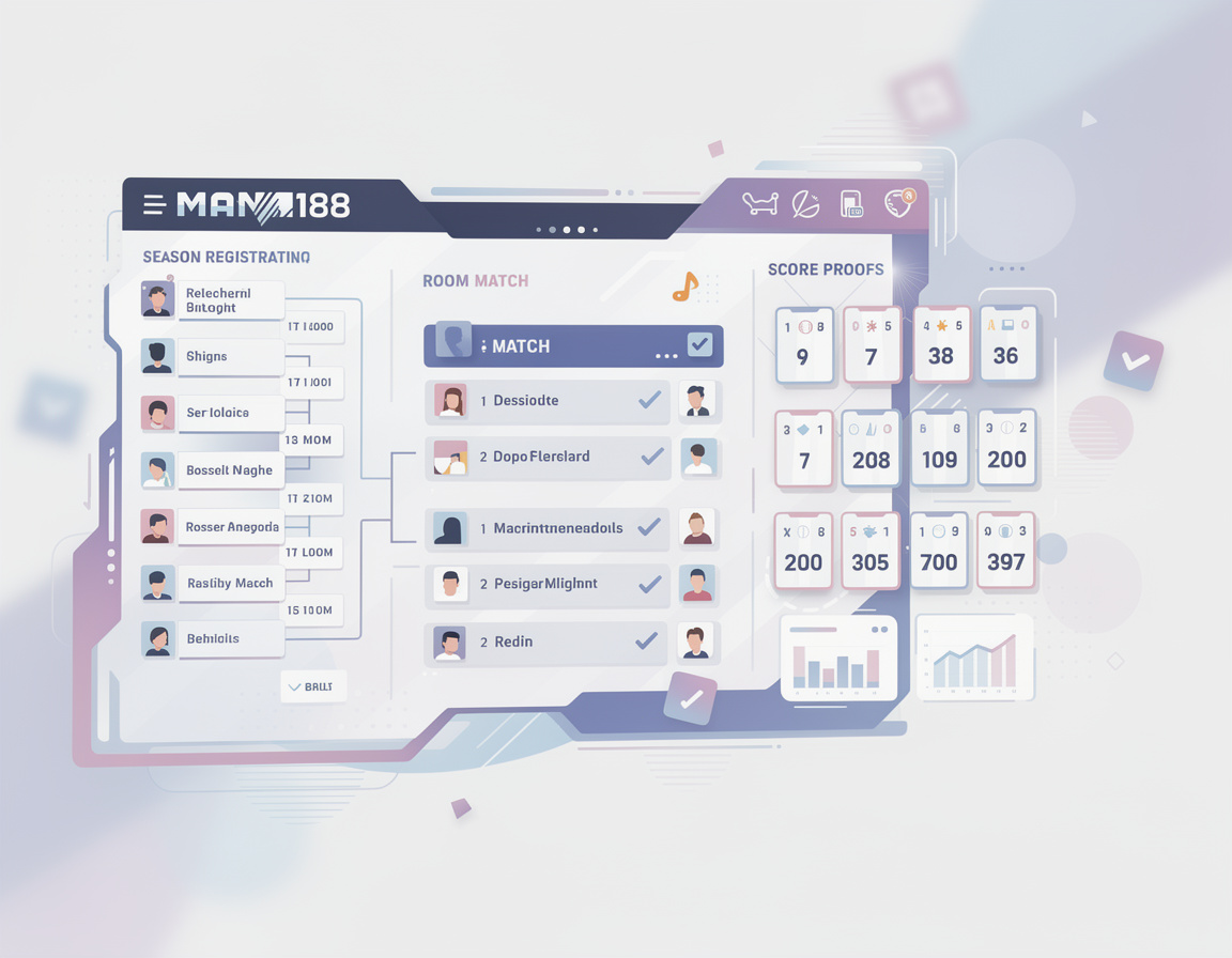 Ilustrasi season registration roster update MANA188 dengan bracket, room match, dan bukti skor