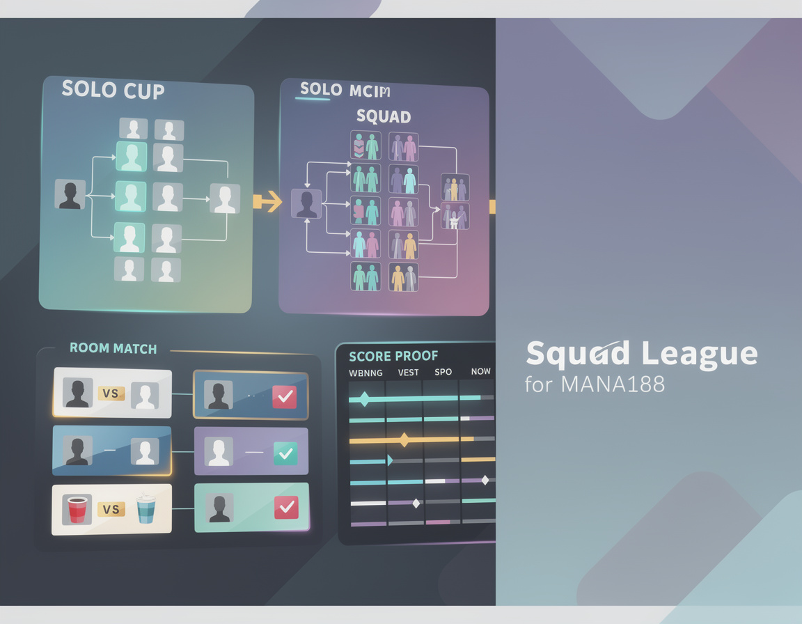 Ilustrasi solo cup vs squad league MANA188 dengan bracket, room match, dan bukti skor